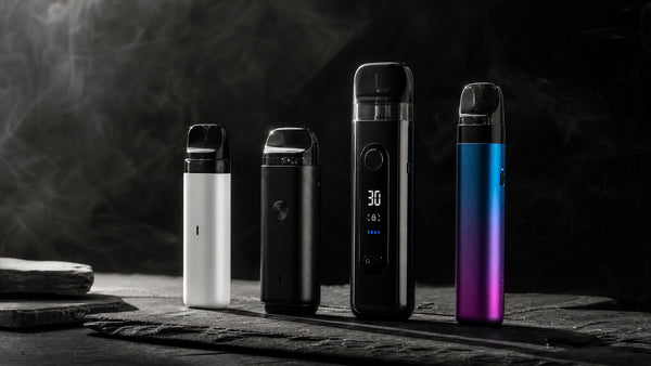 Best vape starter kits for beginners UK 2026 - four pod kits on dark slate